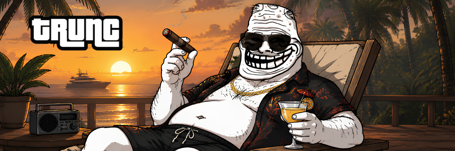 Troll Uncle reclining on a beach chair at sunset with a cigar and cocktail